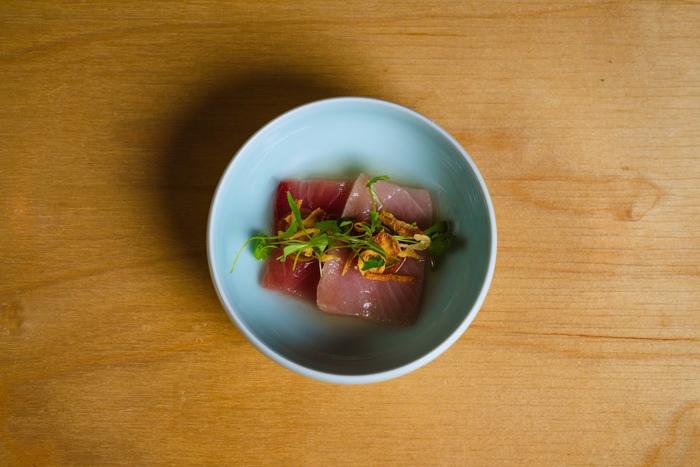 Yellowtail crudo with kumquat