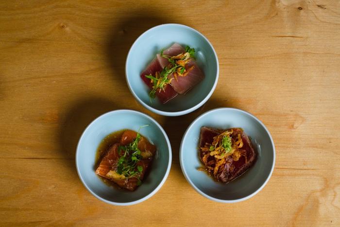 Three crudos in small bowls