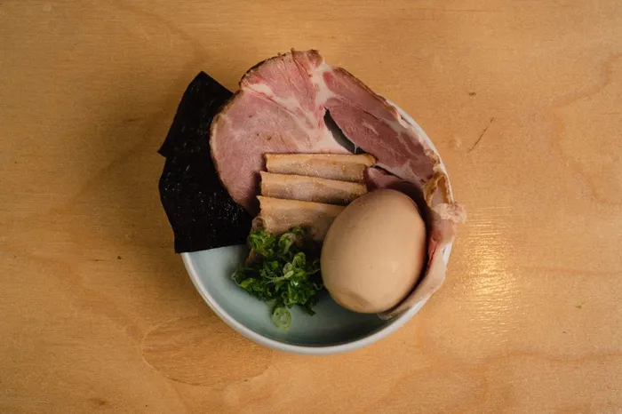 Recommended set with pork chashu, ajitama, negi and nori